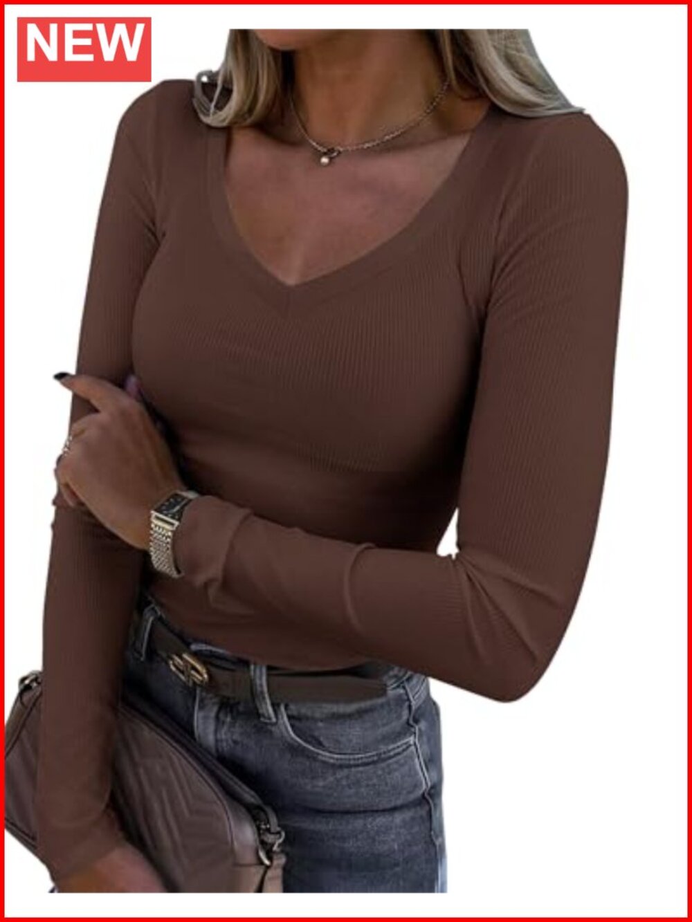 Roselux Womens Long Sleeve V Neck Ribbed Knit Fitted Casual Top Tee